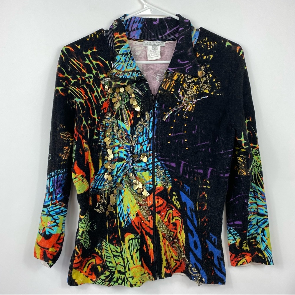 Alberto Makali Ruffle Color-block Zip Up Cardigan Womens Medium Long Sleeve Art